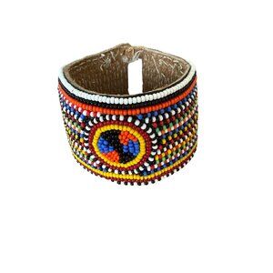 Retro Masai Beaded wide leather bracelet multicolor african tribal